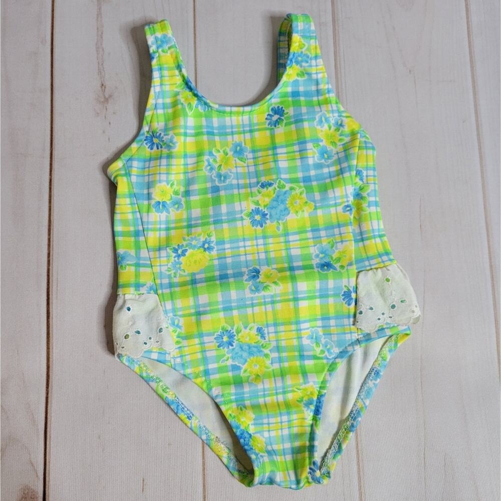 Vtg Girls Bermuda Beach Wear Green/Blue Floral Plaid One Piece Swimsuit, sz 2T